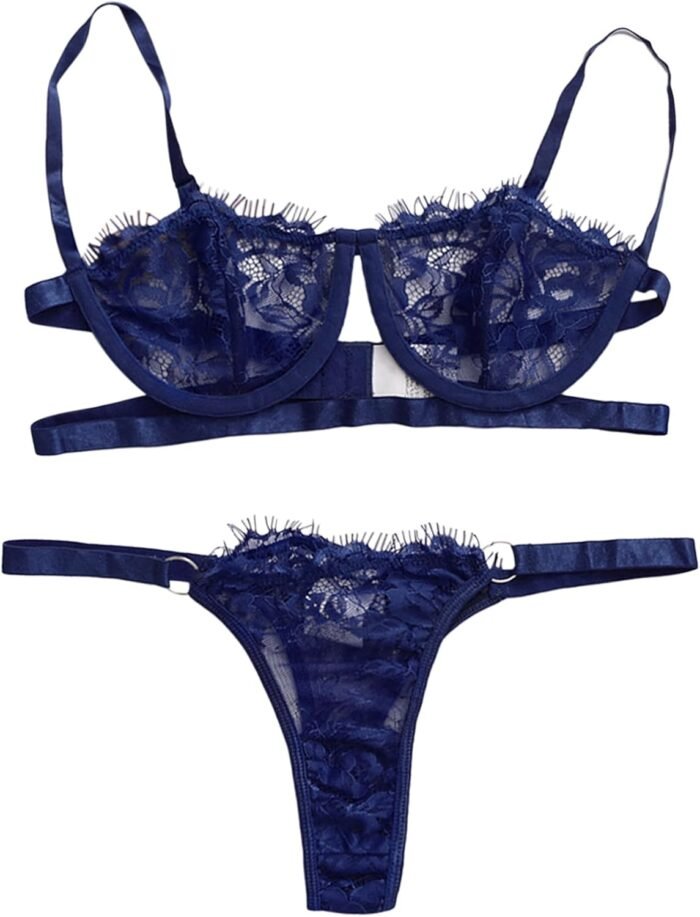 Lilosy Sexy Eyelash Underwire Floral Lace Sheer Lingerie Set Women See Through Linked Panty Bra 2 Piece