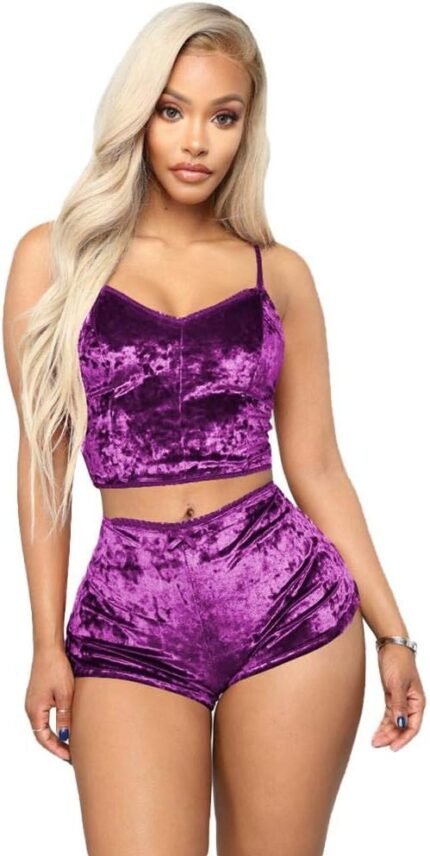 AWIBMK Women’s Velvet 2 Piece Outfit Spaghetti Strap Sleeveless Crop Top Camisole and Shorts Pajamas Set Sleepwear Nightwear AWIBMK Women’s Velvet 2 Piece Outfit Spaghetti Strap Sleeveless Crop Top Camisole and Shorts Pajamas Set Sleepwear Nightwear
