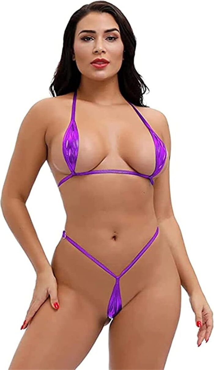 （Black+Purple） Sexy 2-Piece Halter Neck Bikini Set with Thong Bottoms Women’s Micro Swimsuit for Beach or Pool PU Extreme Lingerie Bathing Suit