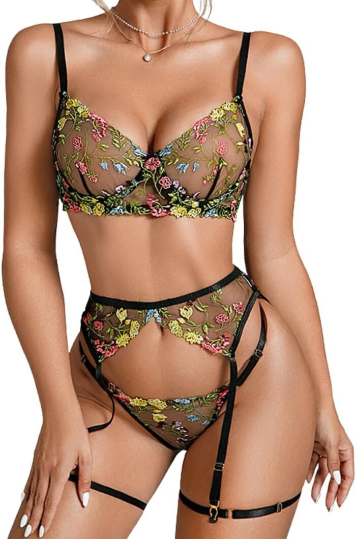 Kaei&Shi Vibrant Floral Embroidery, Underwire, Thong, Thigh Straps, Lingerie Set