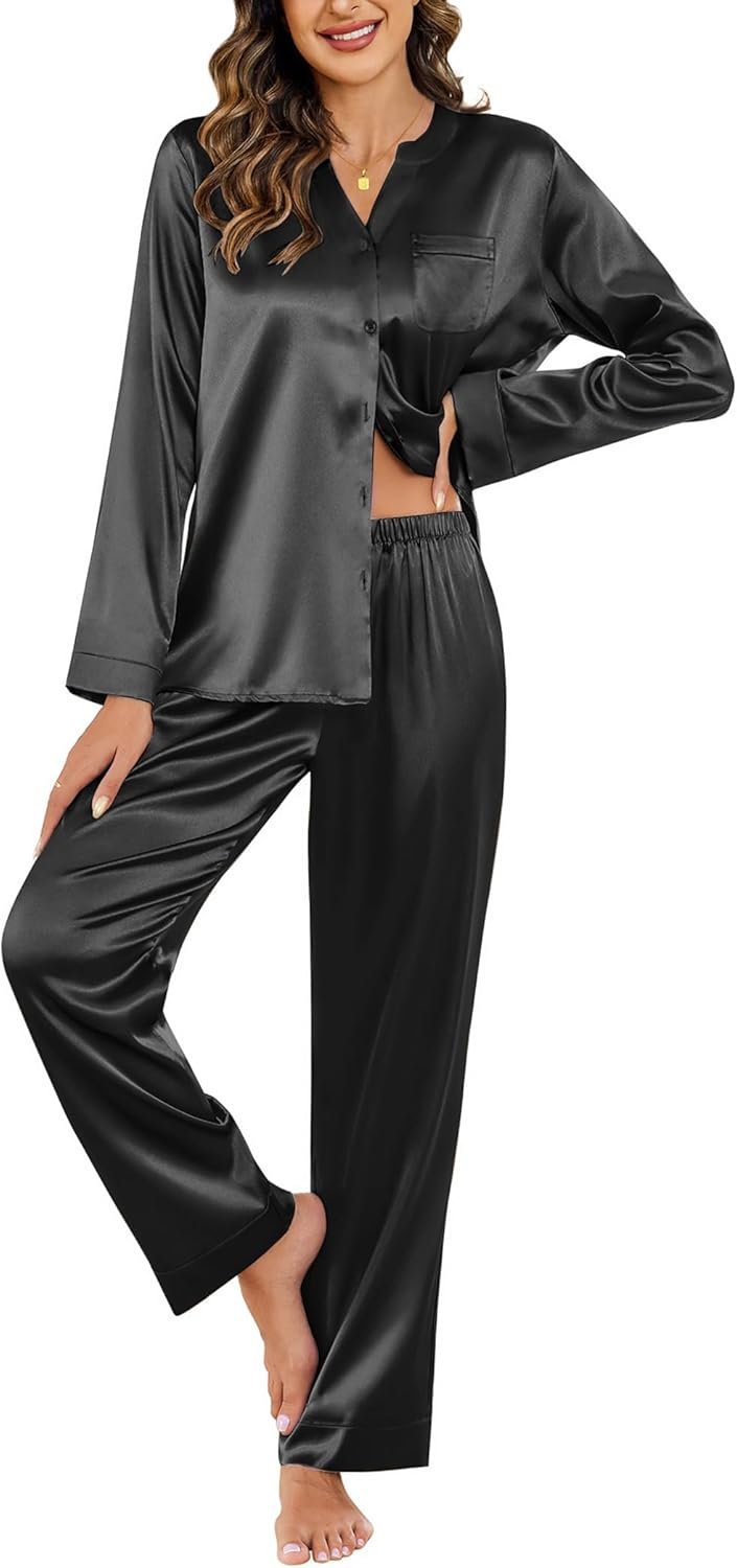 Ekouaer Silk Satin Pajamas Set Women’s 2 Piece Pjs Long Pant Fall Soft Sleepwear Button Up Loungewear with Pockets