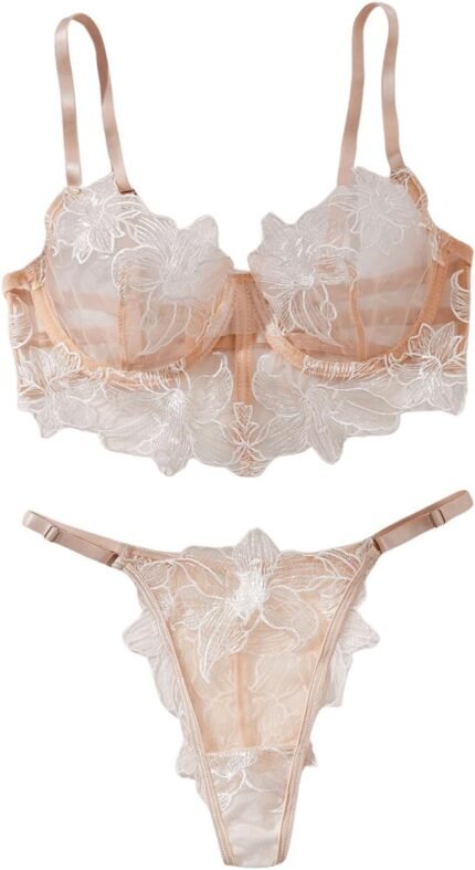 SHENHE Women’s 2 Piece Sheer Bra and Panty Set Floral Embroidered Underwire Mesh Lingerie