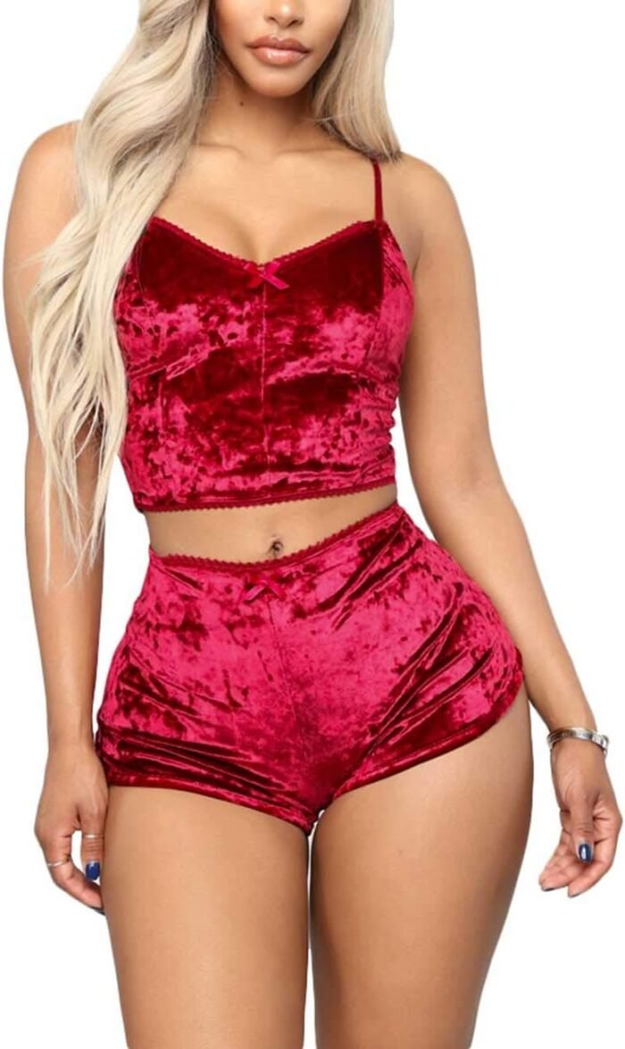 Angsuttc Women’s Velvet 2 Piece Outfit Spaghetti Strap Sleeveless Crop Top+ Shorts Set