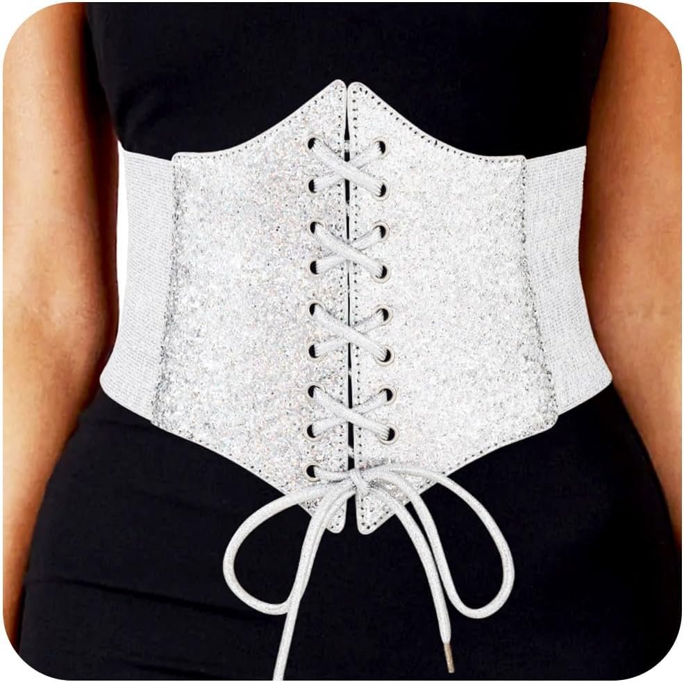 Sparkle Sequin Corset Belt Wide Silver Lace up Waist Belts Elastic Party Club Dress Body Accessory for Women and Girls