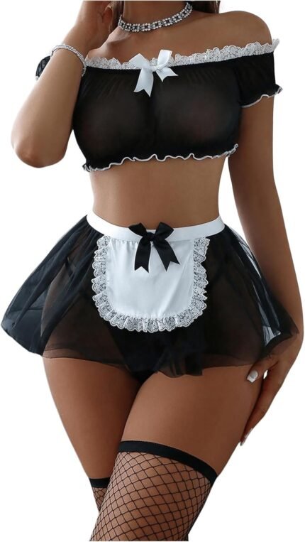 WDIRARA Women’s 5 Piece Mesh Lace Trim Lingerie Set Bow Decor Frill Trim Bra Mini Skirt Thong with Stockings