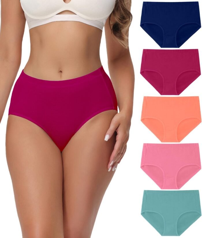 wirarpa Women’s Cotton High Waisted Underwear Full Coverage Cotton Brief Panties 5 Pack