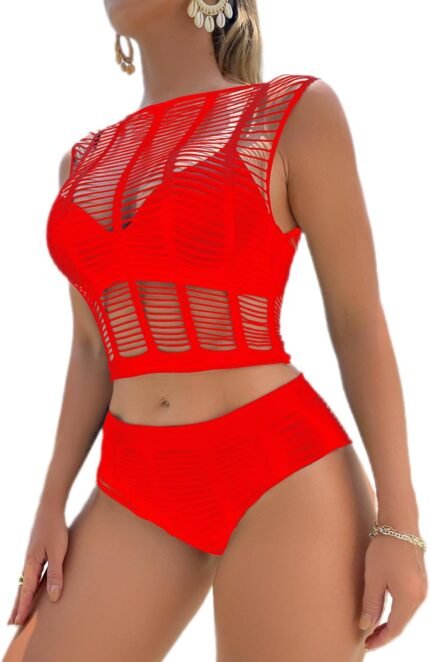 Mesh Lingerie Set for Women, Two Piece Fishnet Chemise Bodysuit, Sexy Hollowed-Out Short Sleeves and Tights Set