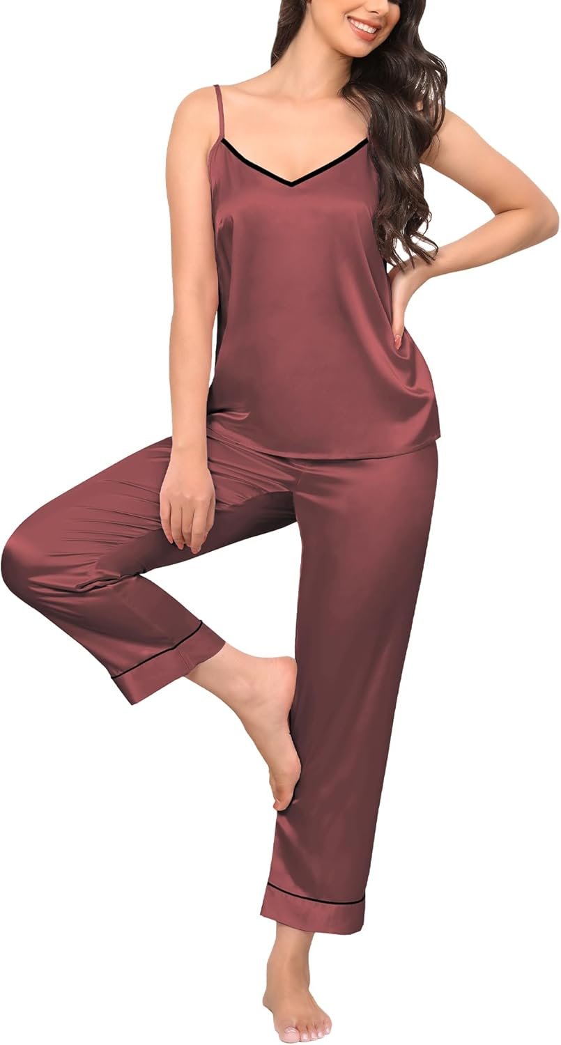 SWOMOG Womens Silk Satin Pajamas Set 2 Pcs Pj Sets Bridesmaid Pjs Cami Top and Pants Sleepwear