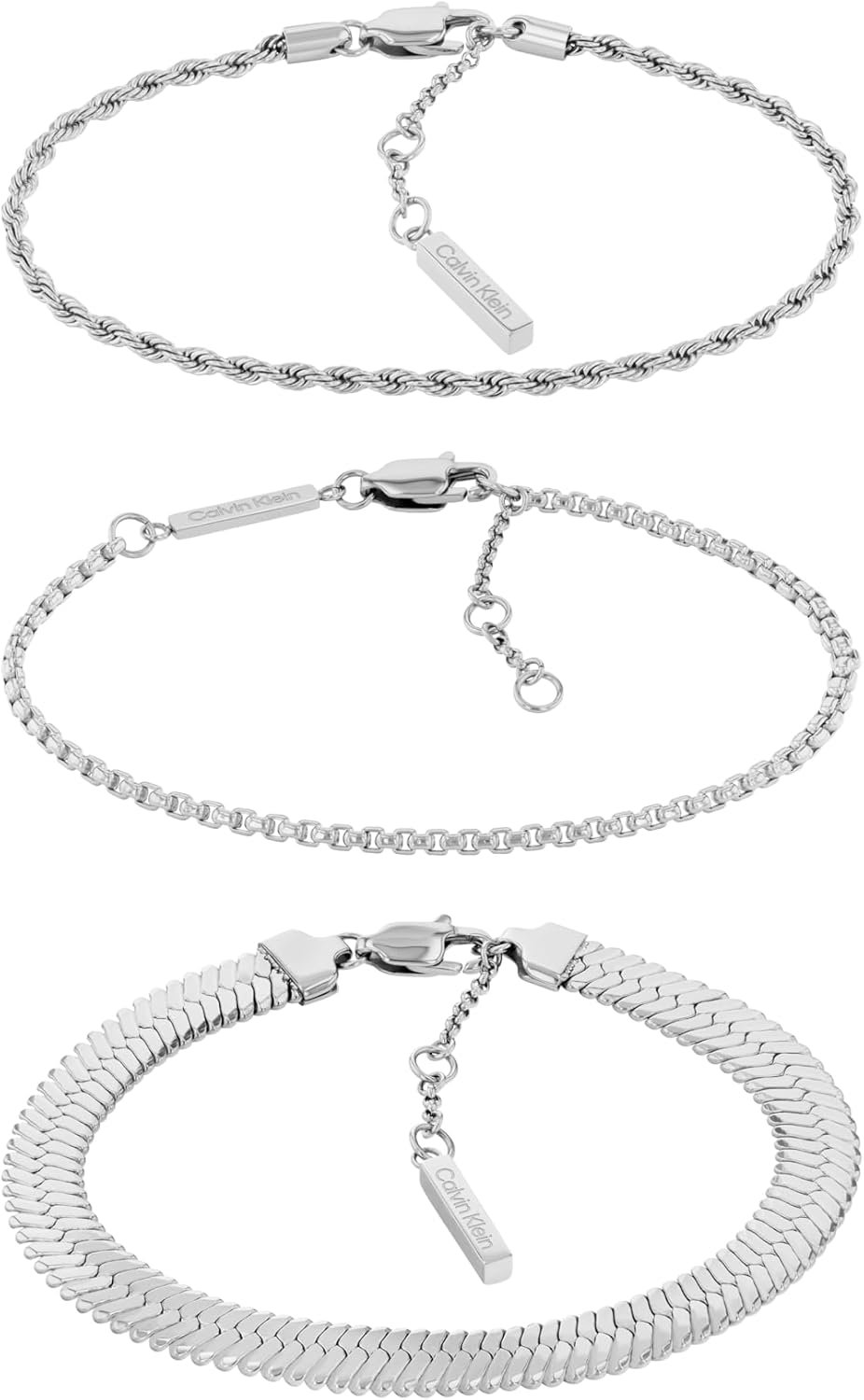 Calvin Klein Women’s Accent Jewelry Set – 3 Layering Bracelets with Stainless Steel Chain and Lobster Closure – Mix and Match Premium Fashion Accessory – Gift for Her