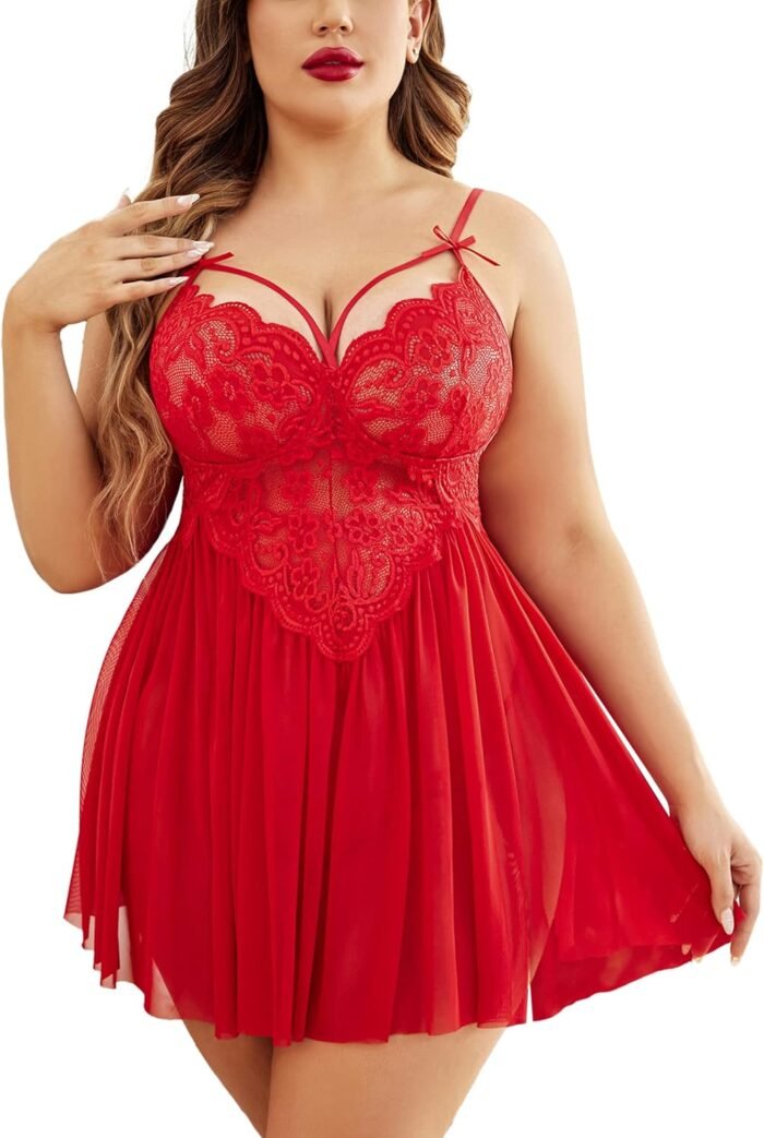 Avidlove Plus Size Lingerie Lace Babydoll Womens Strap Chemise Nightgown V Neck Nighty Mesh Sleepwear Side Slit Nightdress