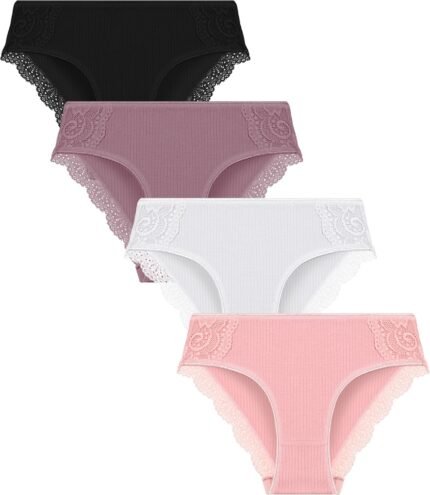 FINETOO Womens Cotton Underwear Sexy Lace Bikini Panties Low Rise Soft Stretch ladies Cotton Cheeky Hipster 4 Pack