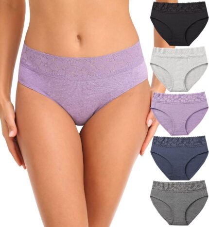 RHYFF Womens Underwear Cotton Lace Panties Soft Bikini Panty Comfortable Hipster Stretch Full Ladies Briefs 5 Pack S-XL