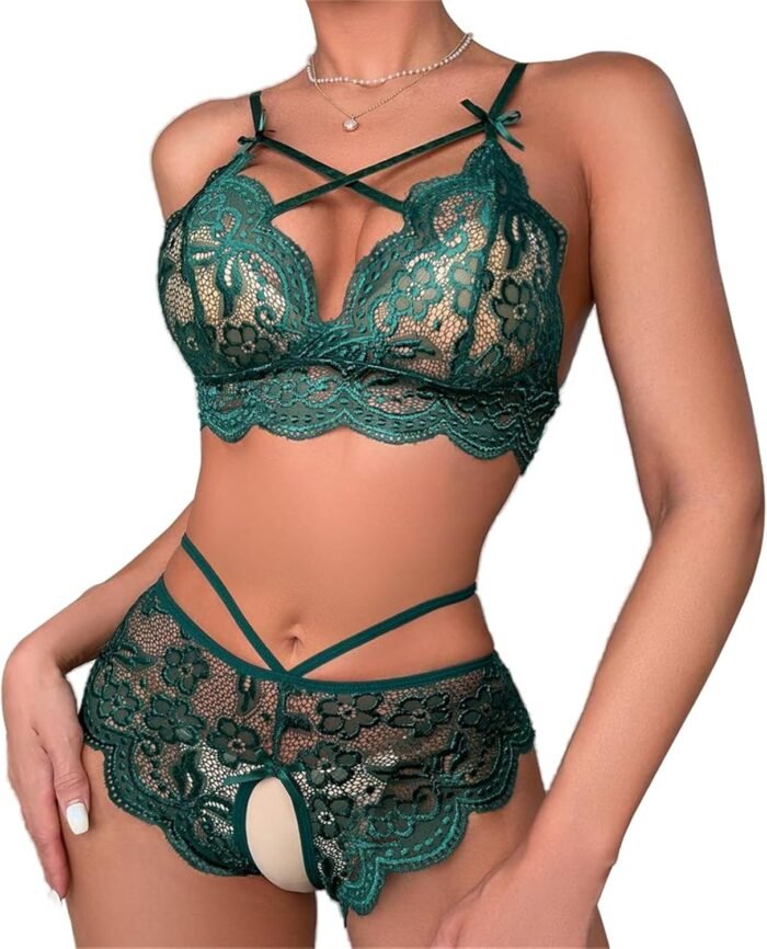 Sexy High Waist V Neck Floral Lace Lingerie Set Women’s Sexy Exotic Lace 2 Piece Underwired Bra and Panty Sets