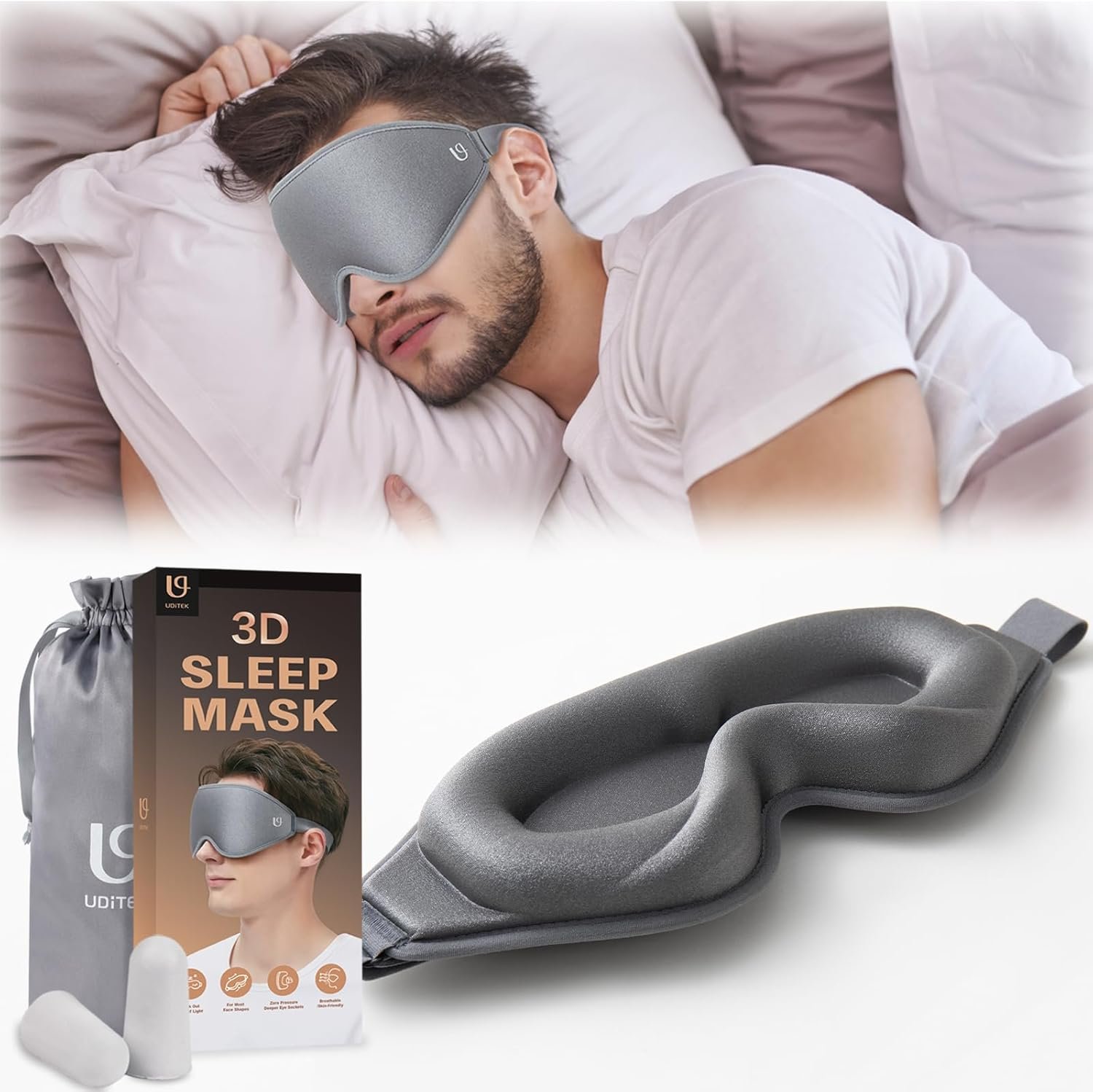 Sleep Mask, 3D Contoured Deep Pocket Eye Mask for Sleeping, Light Blocking Sleep Masks for Women Men, Zero Pressure Eye Covers for Sleeping Travel Night Shift, with Adjustable Strap