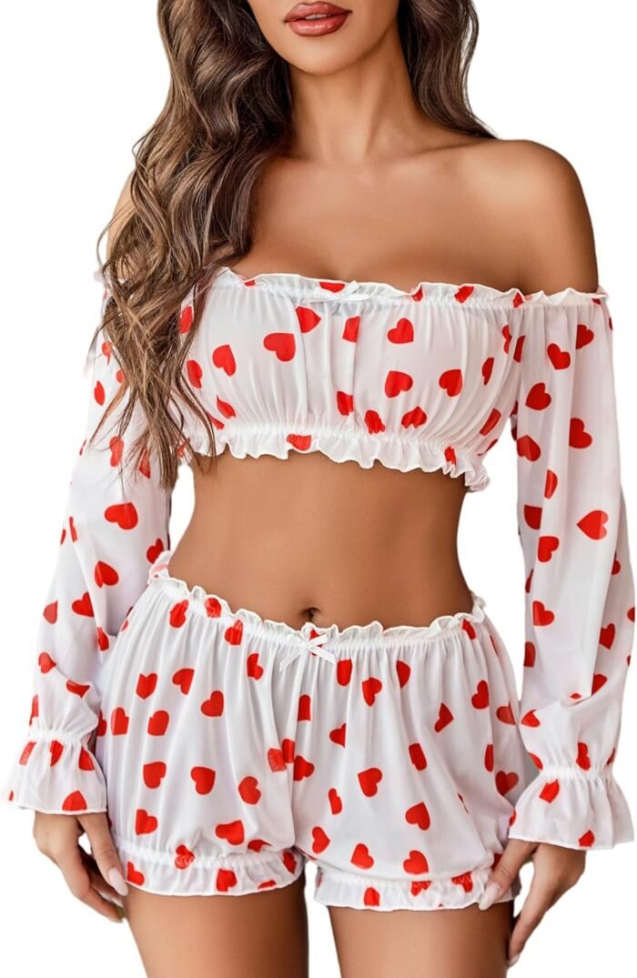 Avidlove Lingerie Sets for Women Sexy Long Sleeve Off Shoulder Ruffle Bra and Panty Set