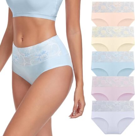 coskefy High Waist Cotton Underwear for Women Full Coverage Panties Floral Print Briefs for Ladies 5 Pack