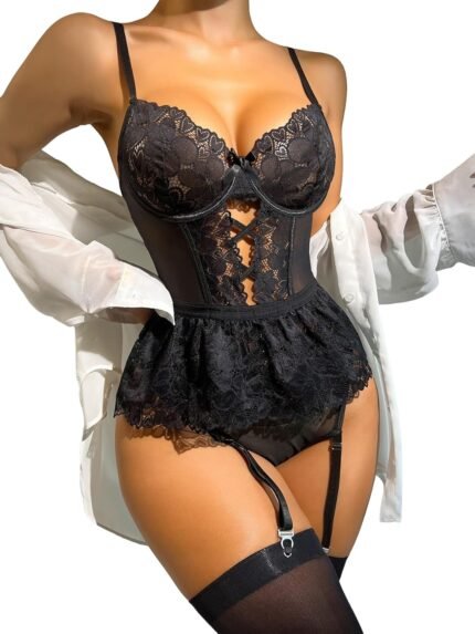 Lilosy Sexy Stocking Underwire Babydoll Heart Lace Mesh Garter Lingerie Set with Panty 4 Piece