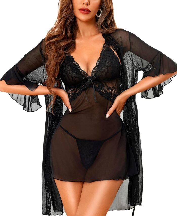 RSLOVE Women Sexy Lingerie Set – 3 Piece Babydoll & Lace Kimono Robe Strap Chemise Nightgown Mesh Sleepwear