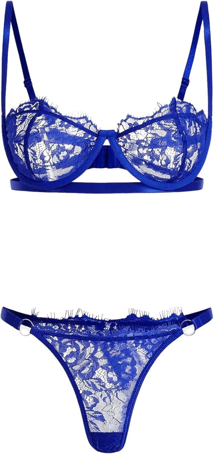 Verdusa Women’s 2 Piece Lingerie Set Floral Lace Hollow Out Bra and Low Waist Thong Set