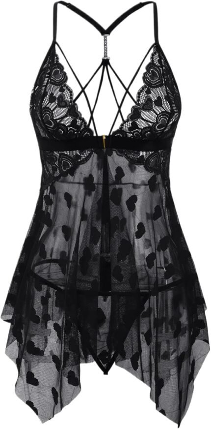 Lingerie for Women Sheer Lace Sleepwear Babydoll, Floral Pattern, Criss-Cross Back, Plus Size Lingerie S-5XL Lingerie for Women Sheer Lace Sleepwear Babydoll, Floral Pattern, Criss-Cross Back, Plus Size Lingerie S-5XL