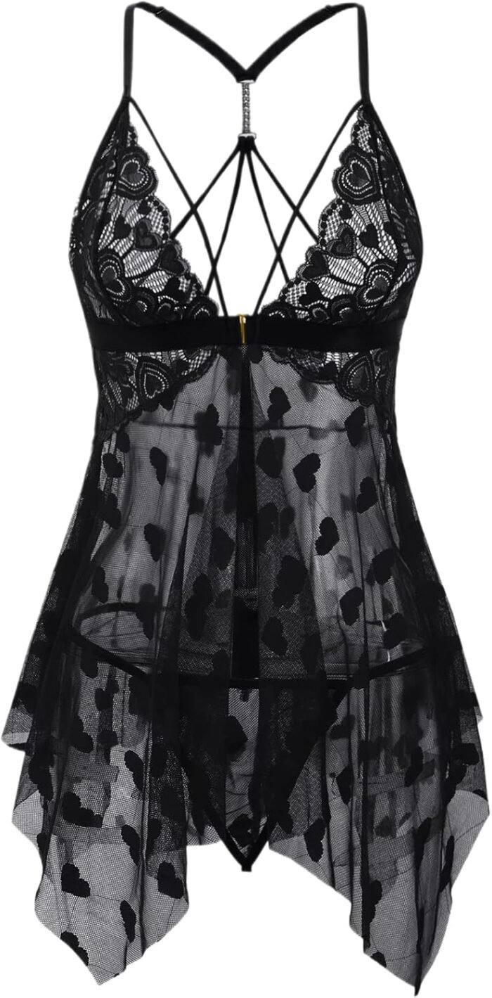 Lingerie for Women Sheer Lace Sleepwear Babydoll, Floral Pattern, Criss-Cross Back, Plus Size Lingerie S-5XL
