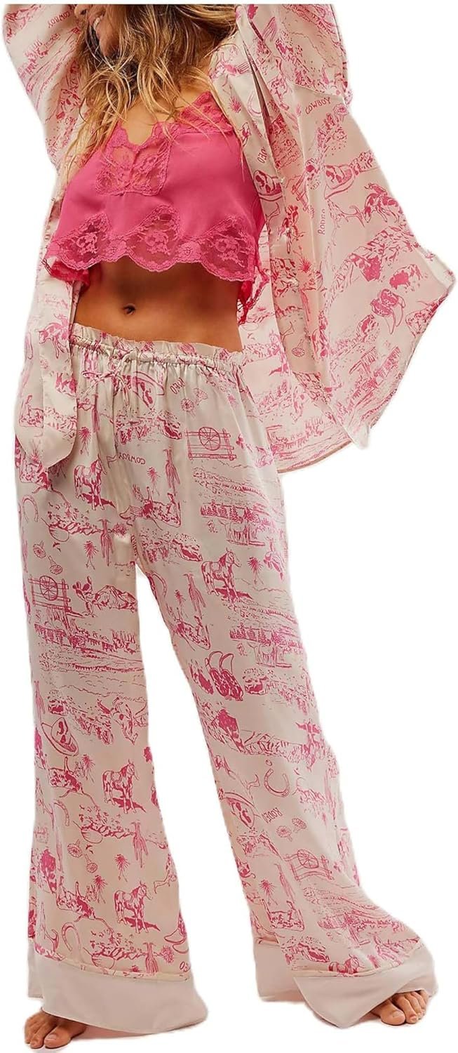 Womens Retro Floral Silk Cowgirl Pjs Satin Cute Wide Leg Pajama Pants Sets Girly Western Pajamas 2 Piece Loungewear