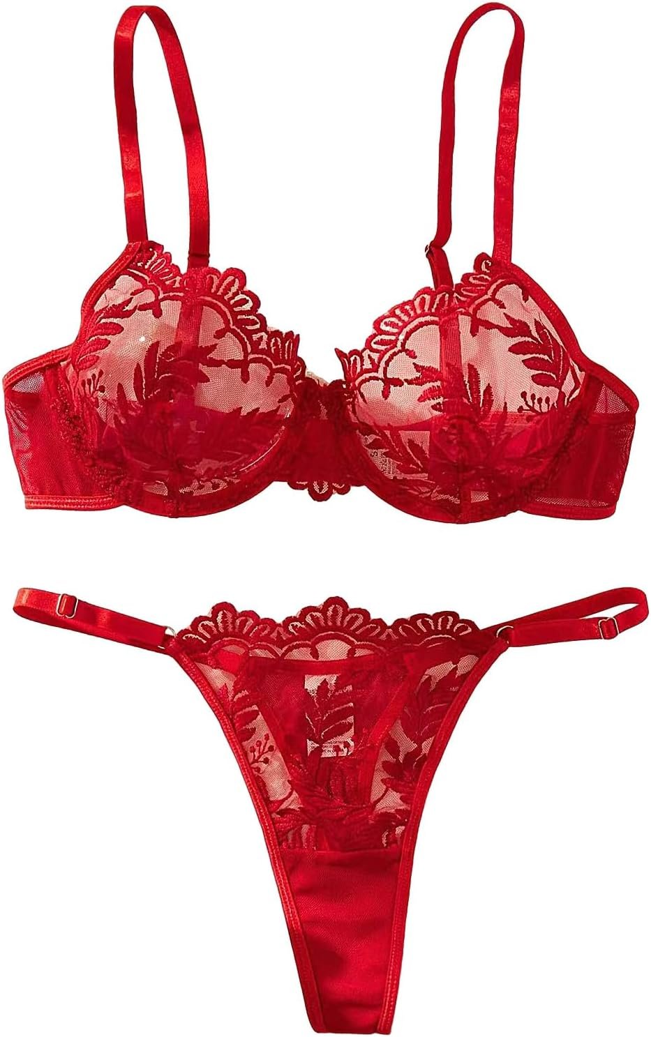 Lilosy Sexy Mesh Embroidered Floral Underwire Lingerie Set