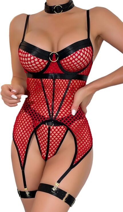 bslingerie Women Faux Leather 5 Pieces Fishnet Sexy Garter Lingerie Babydoll Chemise Lingerie Set
