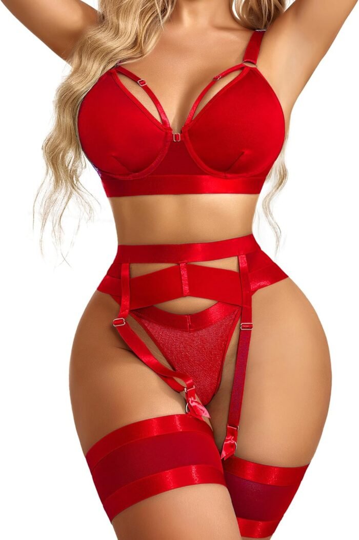 Avidlove Sexy Lingerie for Women with Underwire Strappy Lingerie Push Up 5 Piece Lingerie Set with Garter