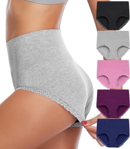 Annenmy Womens Cotton Underwear High Waisted Tummy Control Panties with Lace Ladies Comfort Soft Stretch Briefs Multipack