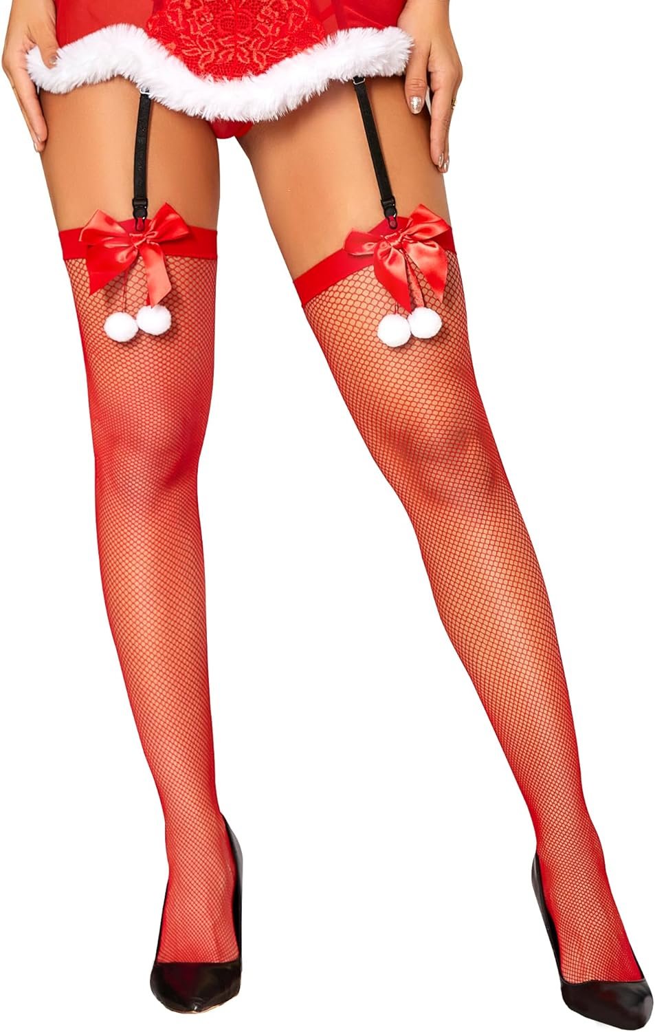 RSLOVE Christmas Thigh High Stockings for Women Sexy Fishnet Tights with Bow Accent Santa Accessory Hosiery One Size