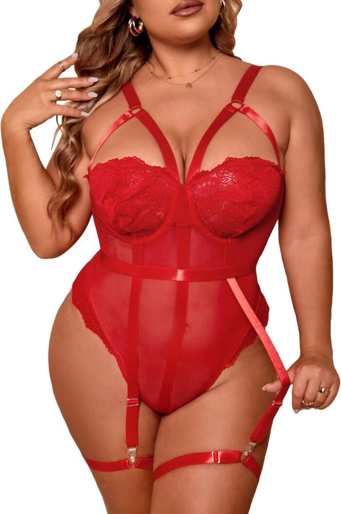 OYOANGLE Women’s Plus Size Ring Linked Cut Out Sheer Mesh Teddy Bodysuit Garter Lingerie Set