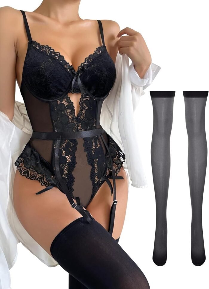 Lilosy Sexy Stocking Lace Mesh Bodysuit Underwire Garter Lingerie Set 3 Piece