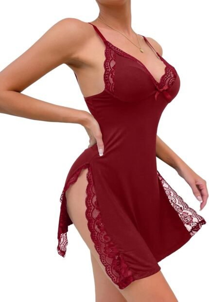 Sexy Split Side Floral Lace V-Neck Full Slip Nightgown Babydoll Lingerie Dress One Piece Sexy Split Side Floral Lace V-Neck Full Slip Nightgown Babydoll Lingerie Dress One Piece