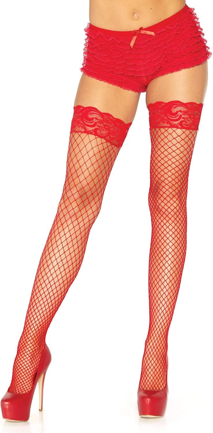 Leg Avenue Women’s Industrial Fishnet Thigh Highs with Stay Up Silicone Lace Top