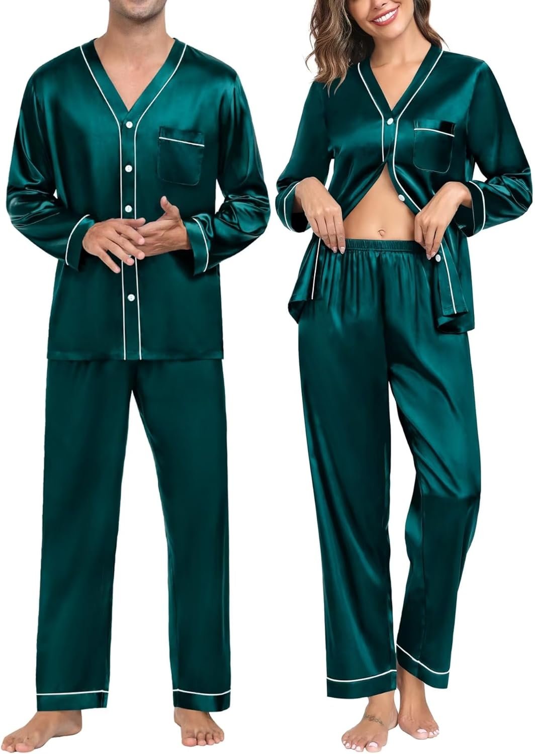 SWOMOG Couples Matching Pajamas Set Family Satin Long Sleeve Sleepwear Silk Button Down Nightwear Soft 2 Pieces Loungewear SWOMOG Couples Matching Pajamas Set Family Satin Long Sleeve Sleepwear Silk Button Down Nightwear Soft 2 Pieces Loungewear
