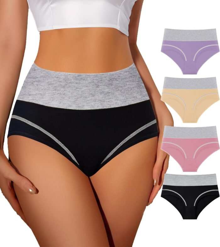 Women’s Cotton Underwear Tummy Control High Waisted Soft Stretch Briefs Full Coverage Panties 4 Pack