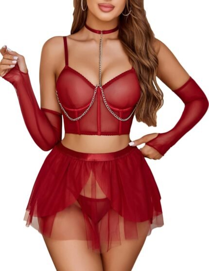 Avidlove Sexy Lingerie Sets Chain Linked Lingerie Set with Underwire Bond Corset Skirt Lingerie & Arm Sleeves & Thong