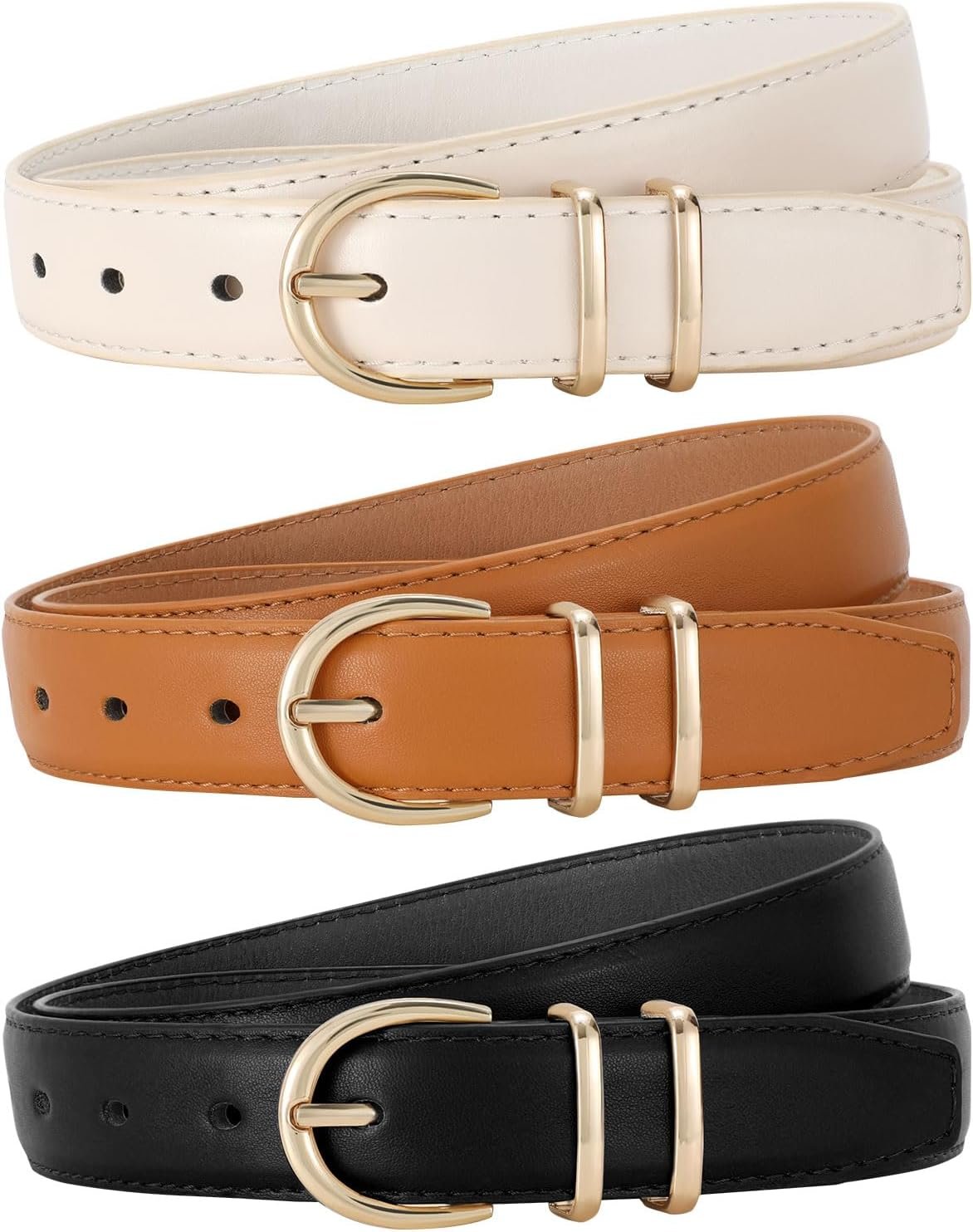 JASGOOD 3 Pack Women Leather Belt for Jeans Pants Gold Buckle Ladies Leather Belt