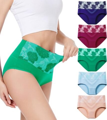 HAVVIS Women’s Briefs Underwear Cotton High Waist Tummy Control Panties Rose Jacquard Ladies Panty Multipack