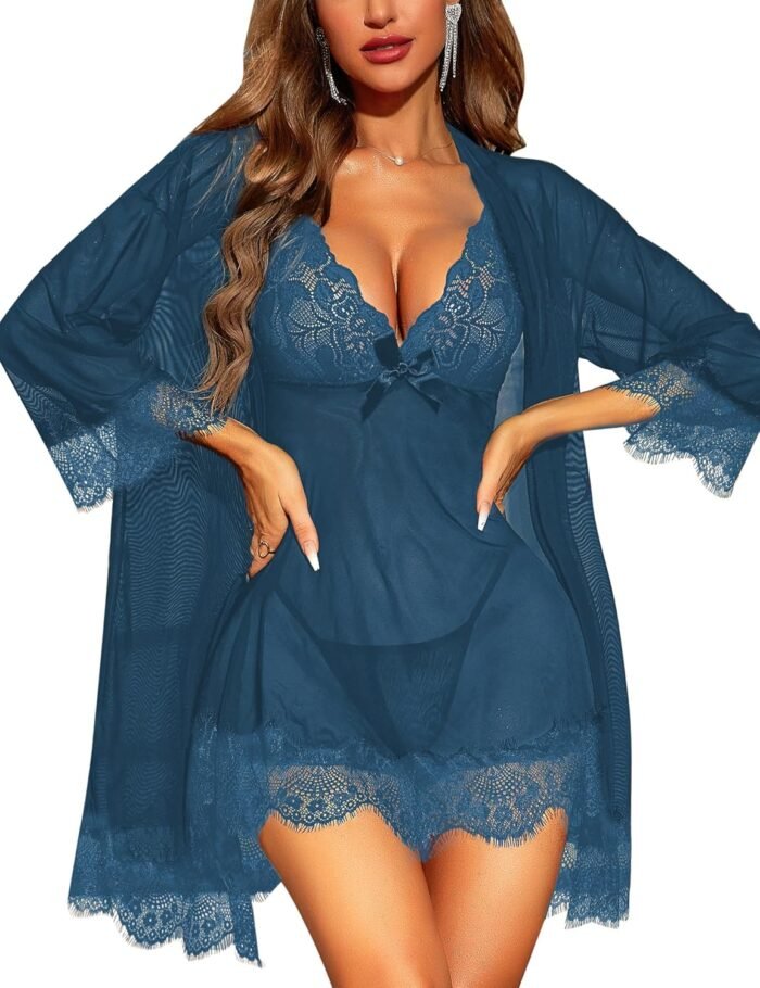 RSLOVE Women Sexy Lingerie Set 3 Piece Babydoll & Lace Kimono Robe Strap Chemise Sleepwear Mesh Nightgown