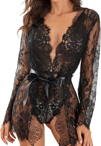 RSLOVE Women Sexy Bridal Lingerie Set 2 Piece Lace Robe With Sheer Teddy Babydoll Bodysuit