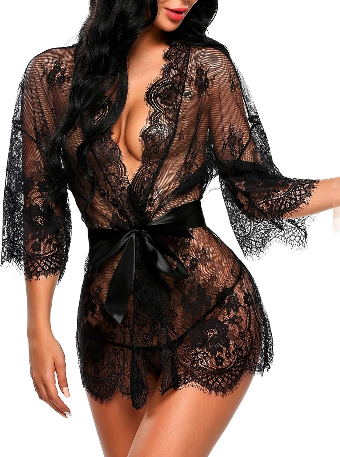 Avidlove Women’s Lace Kimono Robe Babydoll Lingerie Mesh Nightgown S-5XL