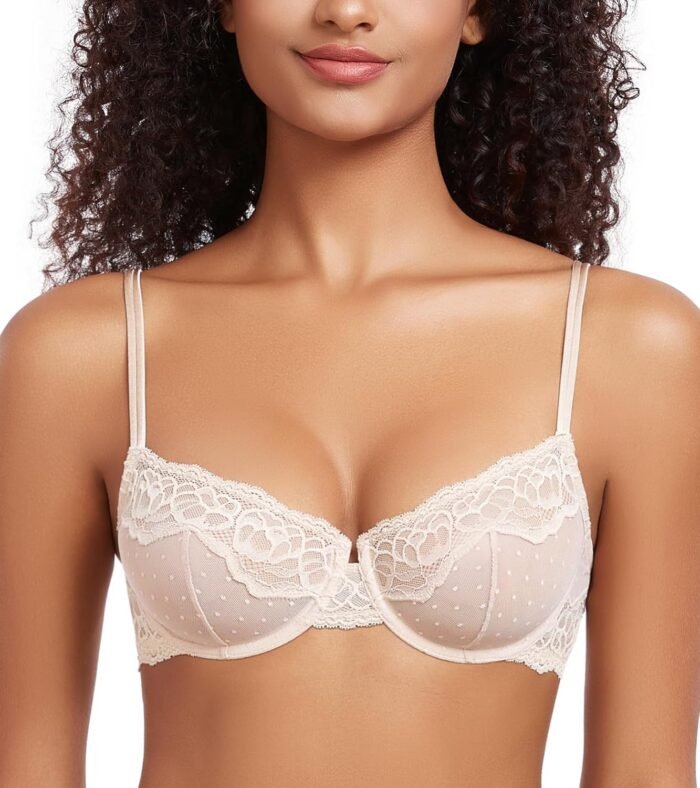DotVol Women’s Sexy Sheer Balconette Unlined See Through Lace Underwire Everyday Bra
