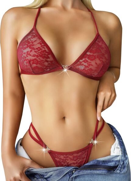 RSLOVE Women’s Sexy Lingerie Set – 2 Piece Floral Lace Bra and Panty Sets Exotic Lingerie with Heart Ring Detail