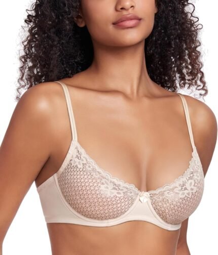 DotVol Women’s See Through Lace Sexy Mesh Sheer Balconette Unlined Everyday Bra with Underwire