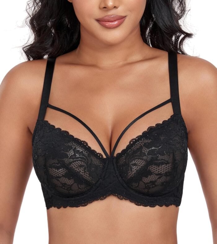 DotVol Women’s Plus Size See Through Sexy Lace Bra with Strappy Underwire Everyday Bra
