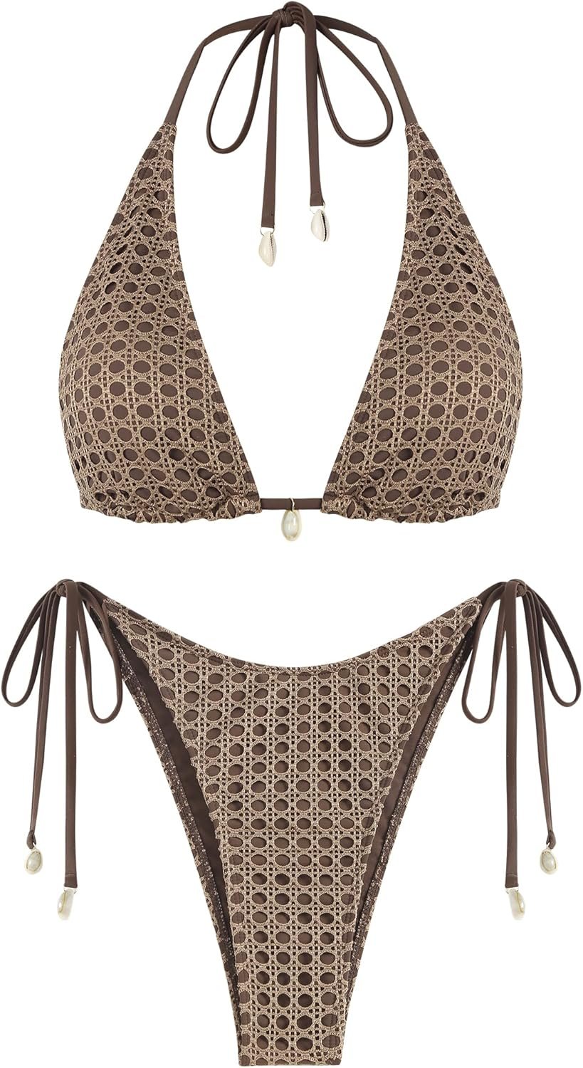 ZAFUL Women’s Triangle Bikini Multiway Fishnet Tie Side Bandeau Halter String Bikini Set Two Piece Swimsuit Bathing Suits ZAFUL Women’s Triangle Bikini Multiway Fishnet Tie Side Bandeau Halter String Bikini Set Two Piece Swimsuit Bathing Suits