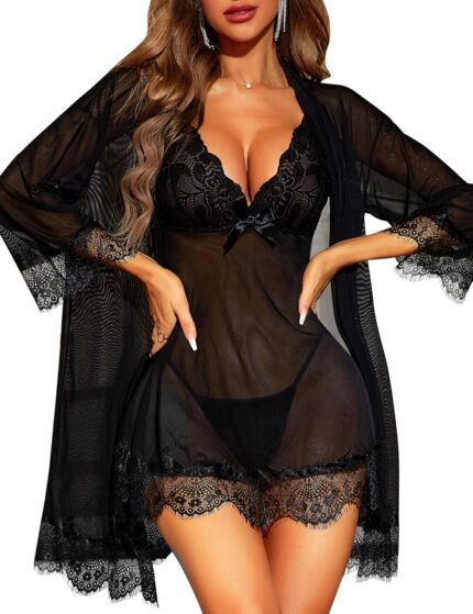 RSLOVE Women Sexy Lingerie Set 3 Piece Babydoll & Lace Kimono Robe Strap Chemise Sleepwear Mesh Nightgown