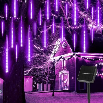 Minetom Halloween Lights Outdoor – 10 Tube 240 LED Solar Meteor Shower Rain Lights – Purple Solar Lights for Halloween Christmas Tree Patio Bush Holiday Party Decoration